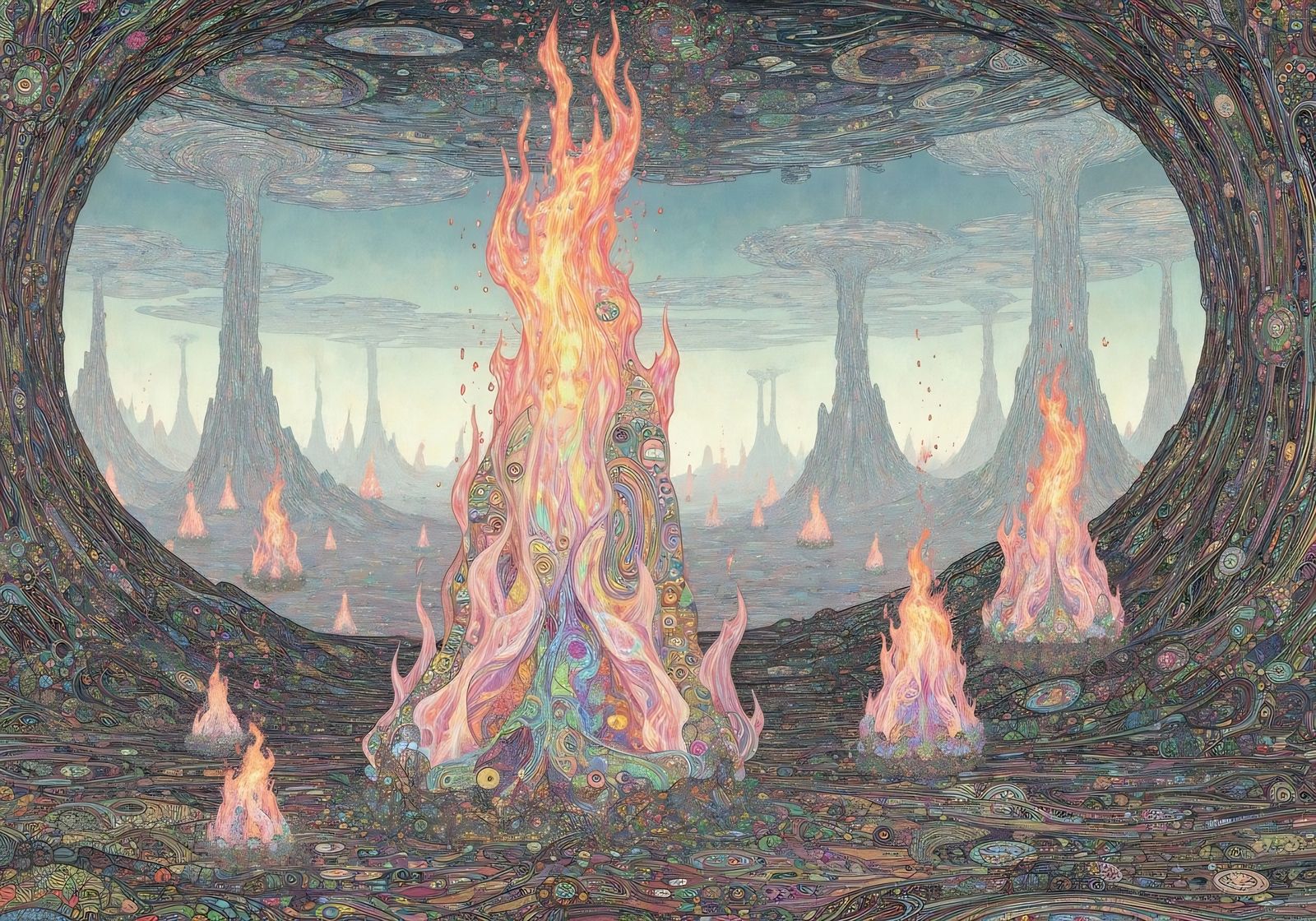Ethereal Fire Beings in Klimt Ornamentation