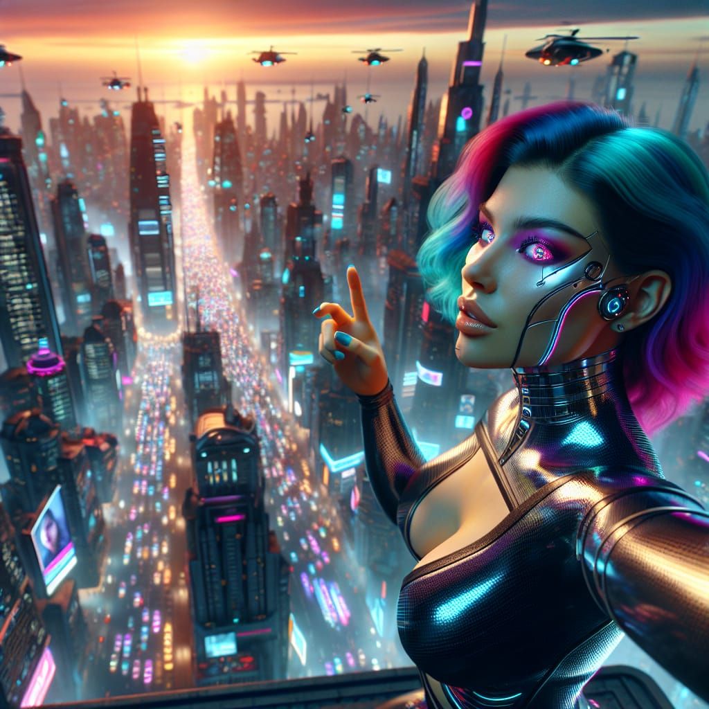 Cyberpunk Woman's Skyscraper Selfie in Futuristic City