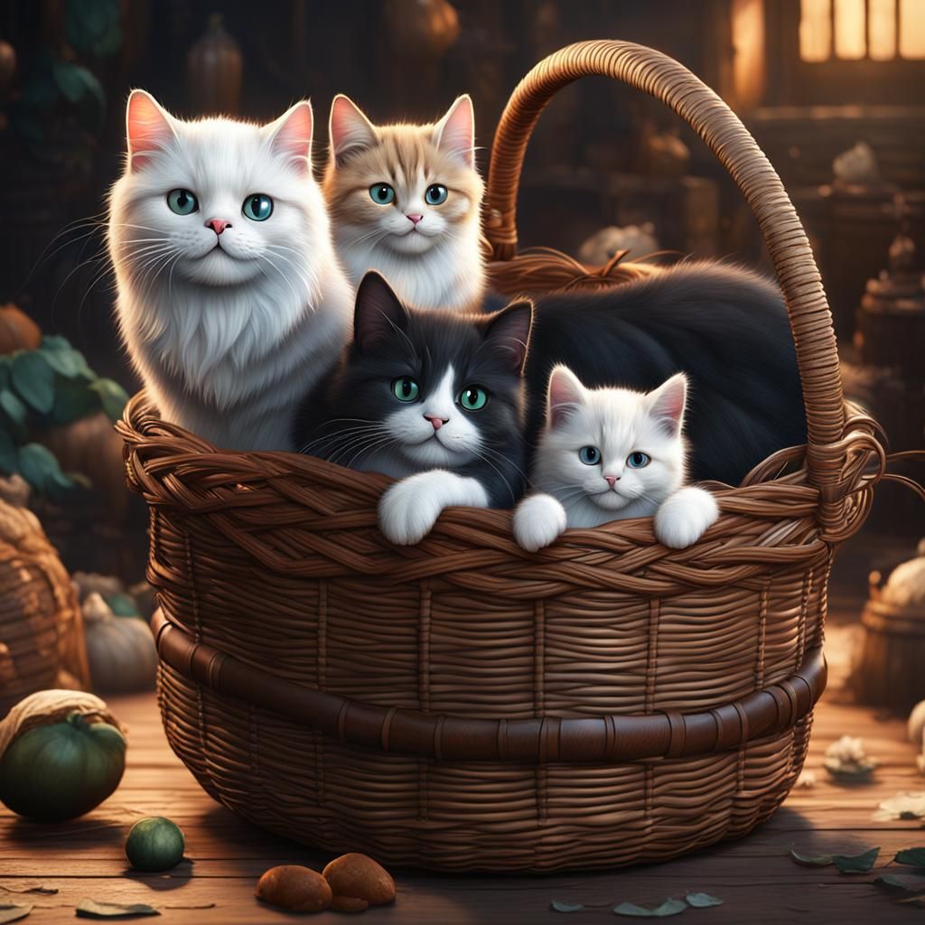 Three Chubby Cats Playing in Brown Basket