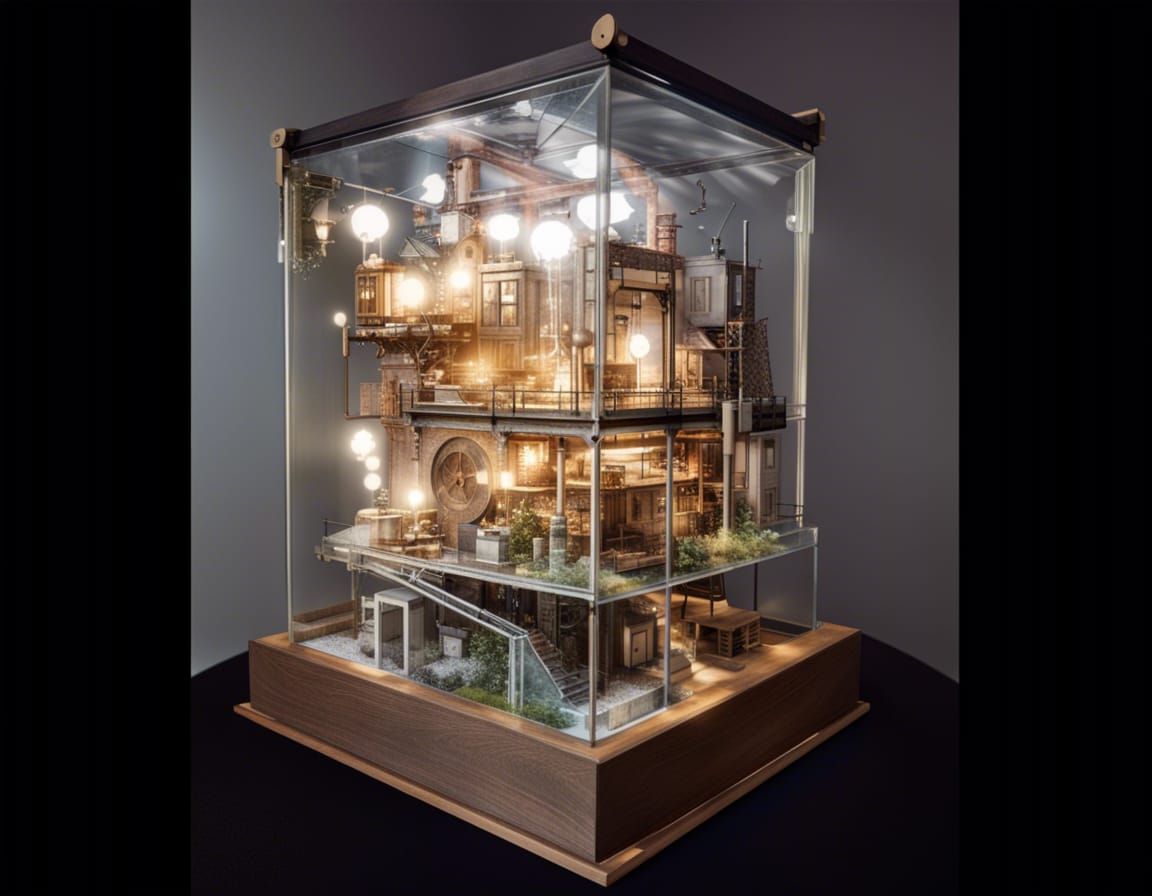 Serene Steampunk Factory Model in Glass Case