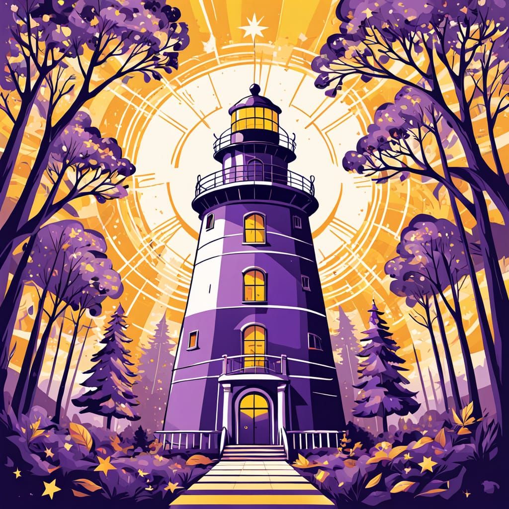 Golden Lighthouse Amidst Vibrant Purple Skies