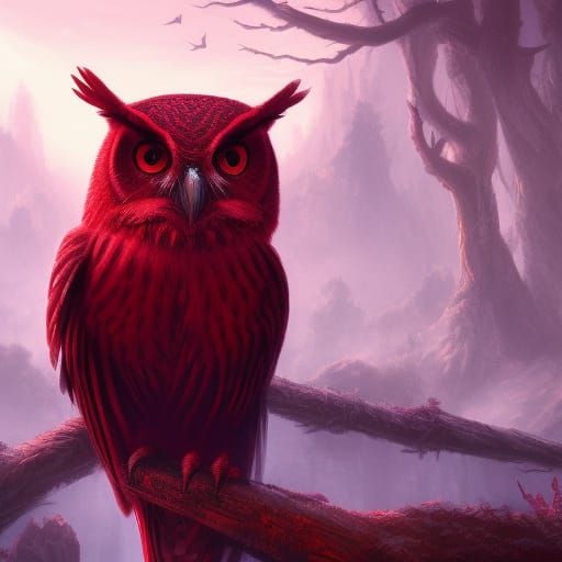 Fantastical Red Owl in Detailed Matte Painting