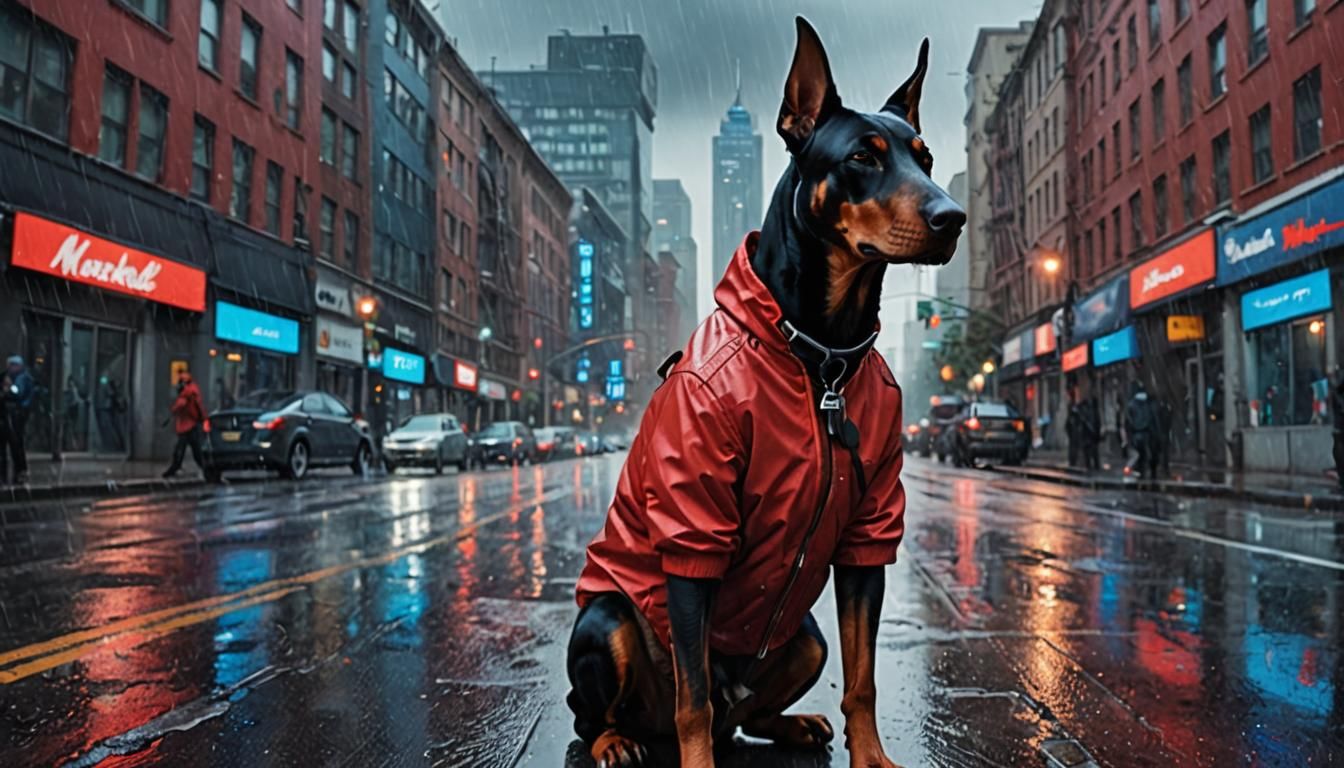 Doberman dog, wearing large Marshall headphones, a red down jacket, standing on the road