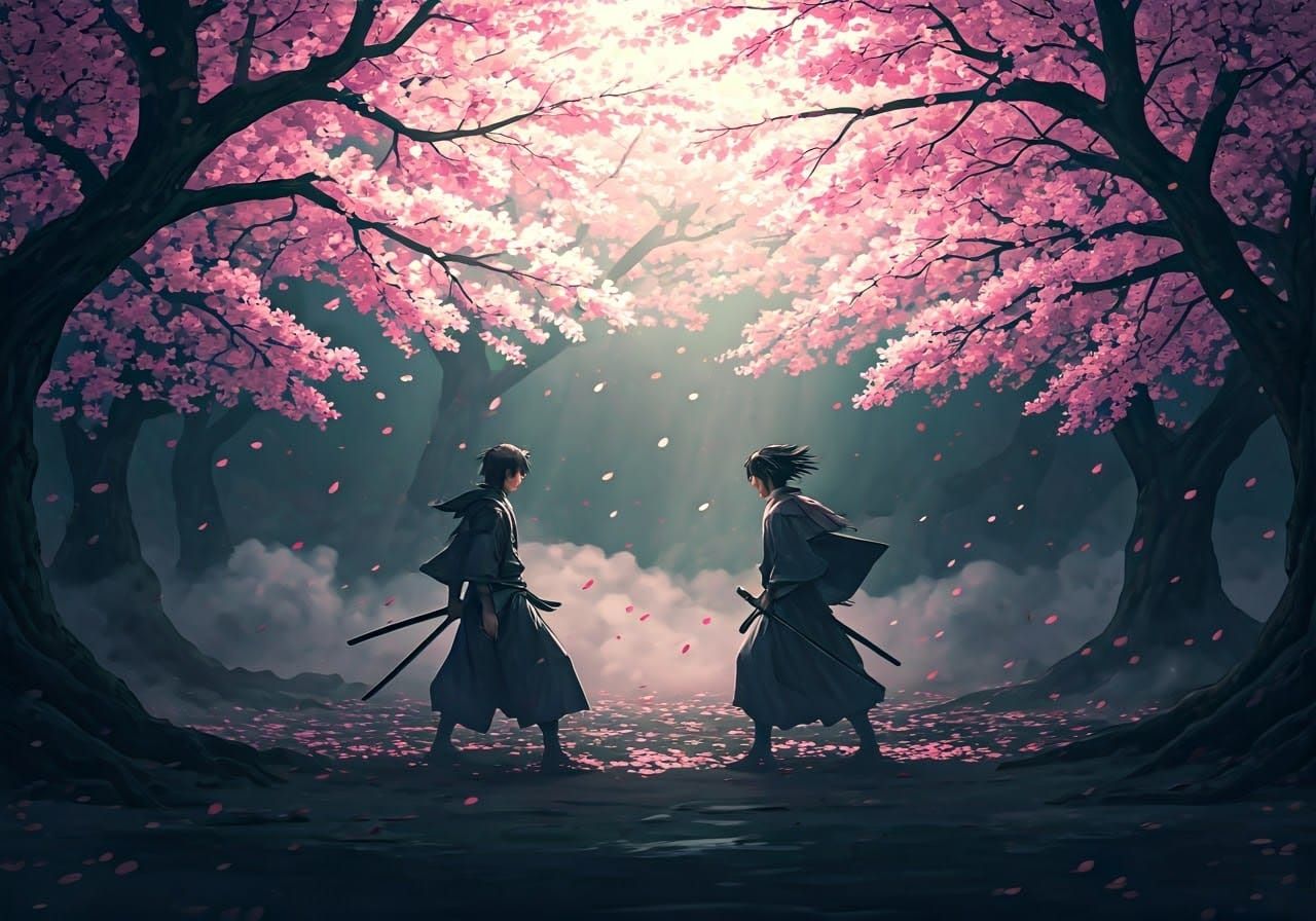 Samurai Duel Under Cherry Tree in Anime Style