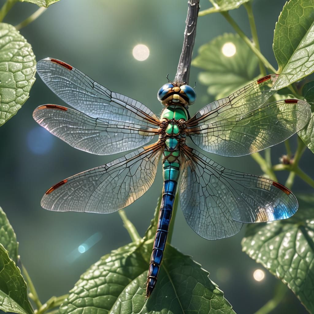 Hyper-Realistic Dragonfly on Leaf in Macro Detail