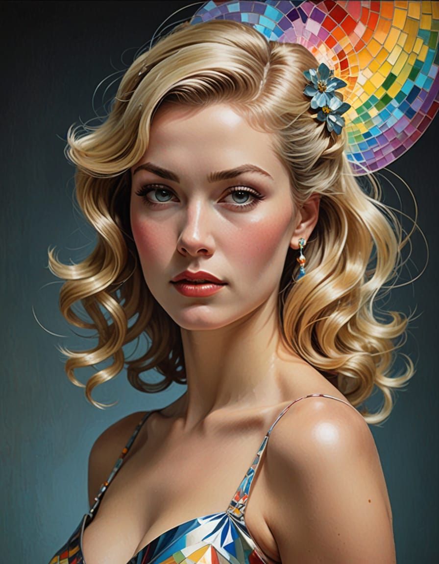 Rainbow Prism Light on 1950s Pin-Up in Glitch Art Style