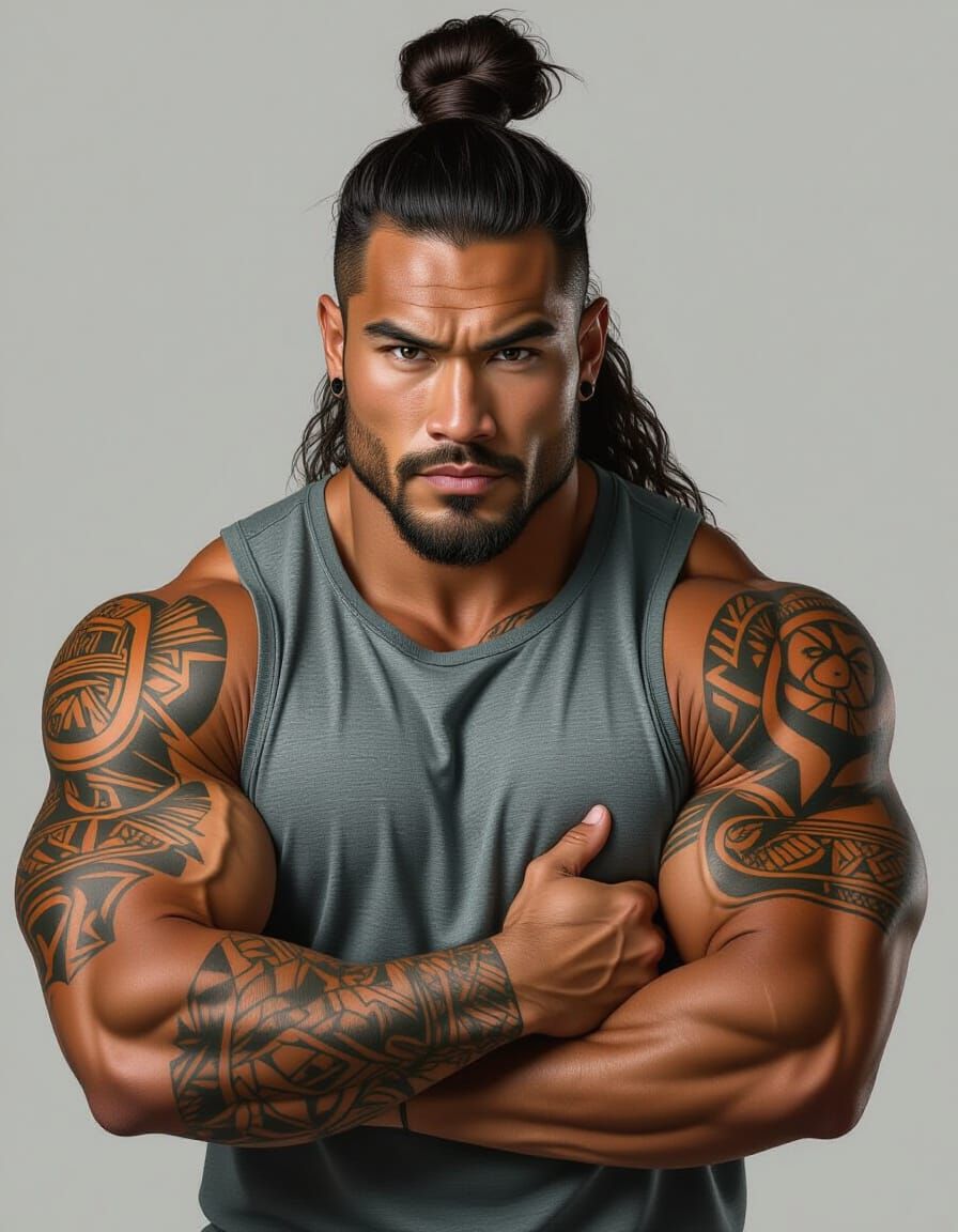 Polynesian Bodybuilder Flexing, Dramatic Portrait