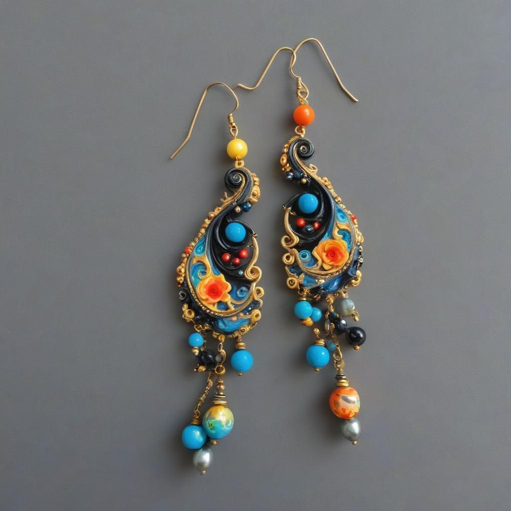 Ornate Beaded Dangle Earrings in Splash Art Style