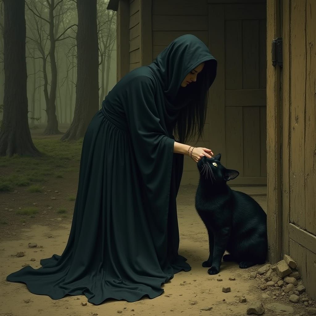 Mysterious Witch in Woodsy Cabin Leans to Pet Sleek Black Ca...