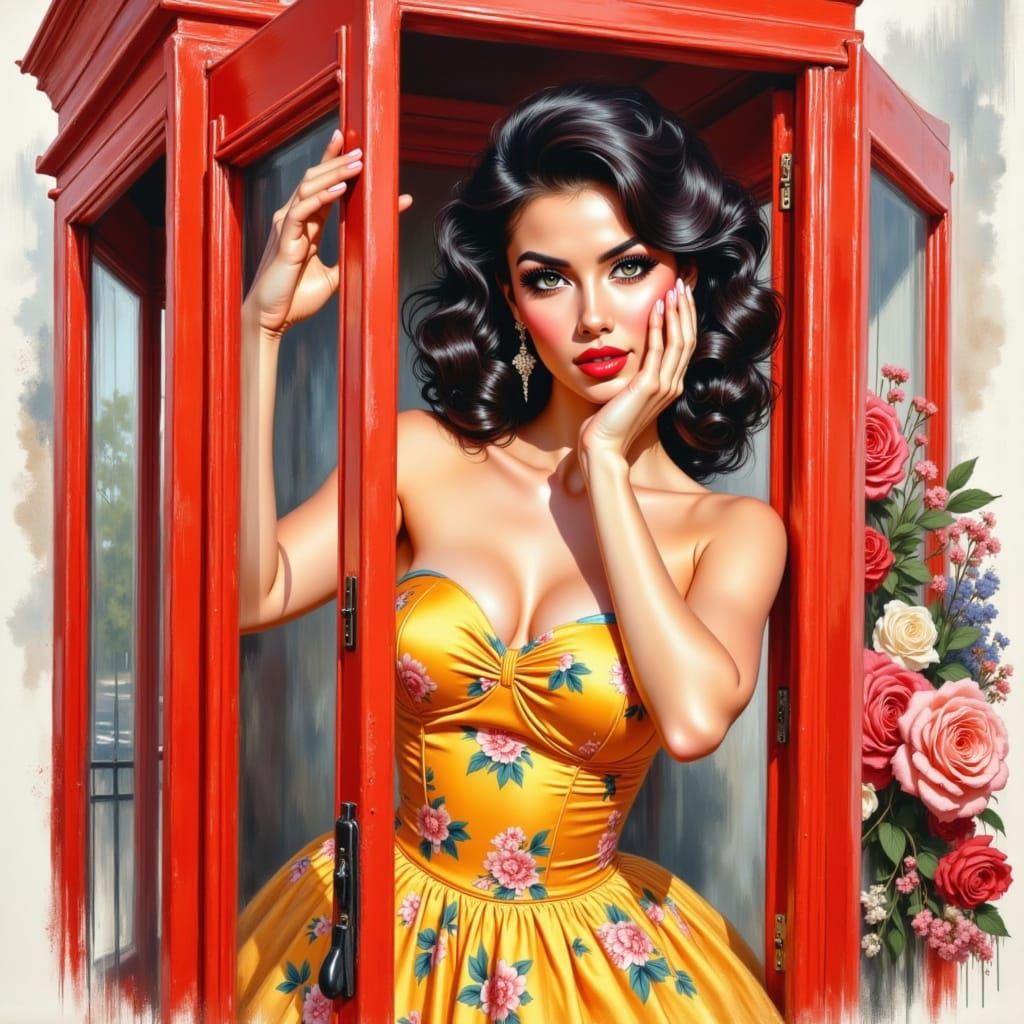 Brunette Pin-Up Girl in Phone Booth, Watercolor and Acrylic