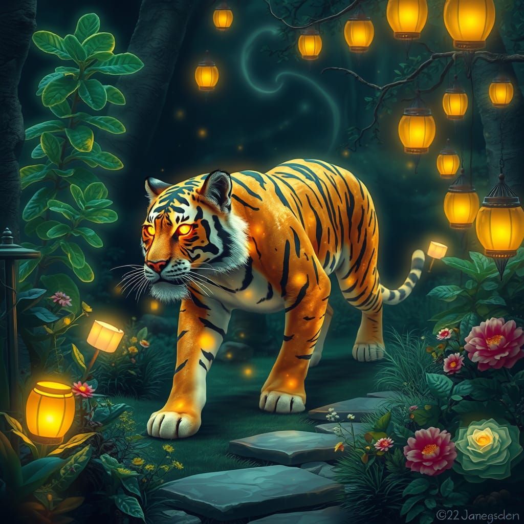 Spectral Pizza Tiger in Dreamlike Garden