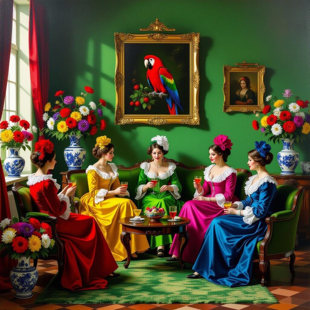 Baroque Living Room Scene with Five Women and Parrot