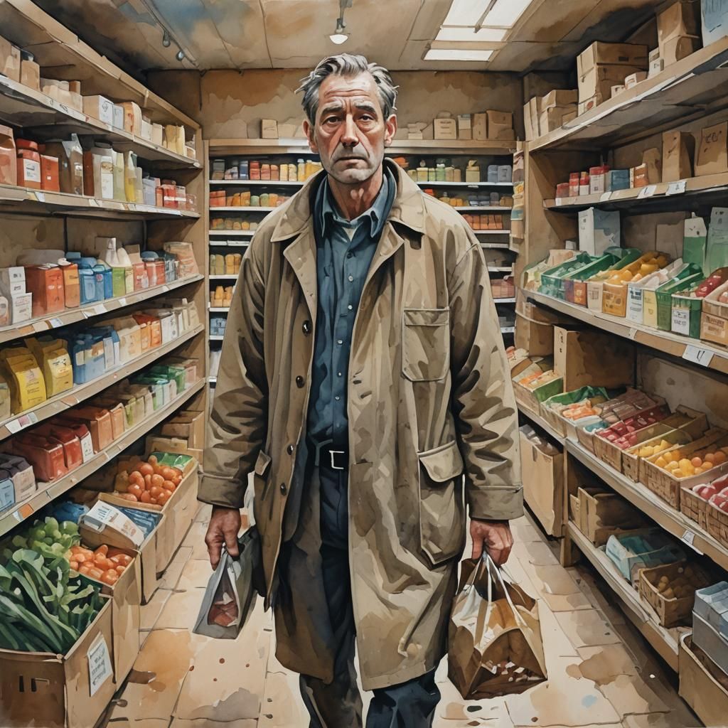 Lost Man in Grocery Store as Impasto Gouache Painting