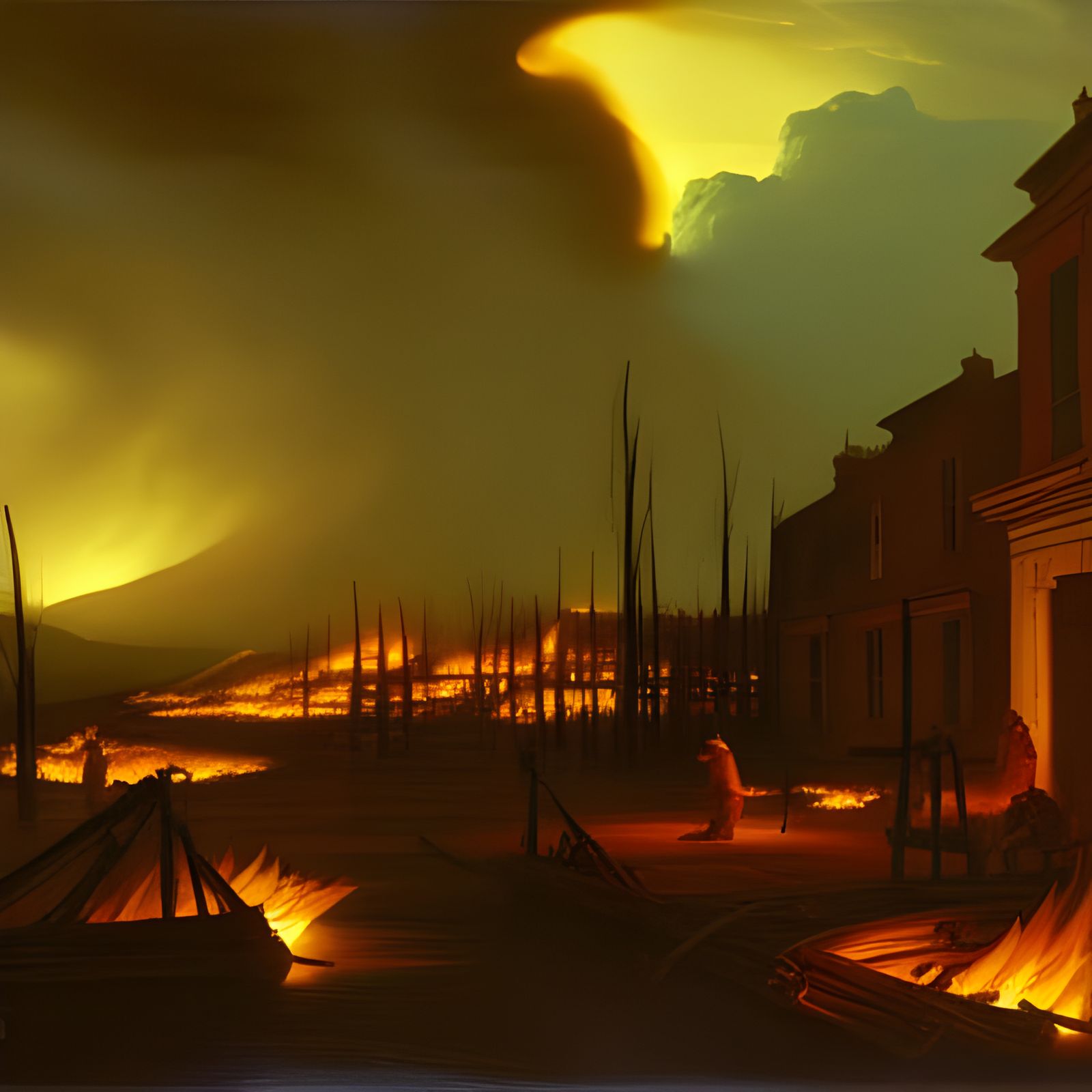 Town Ablaze: A Matte Painting Inspired by Academic Art