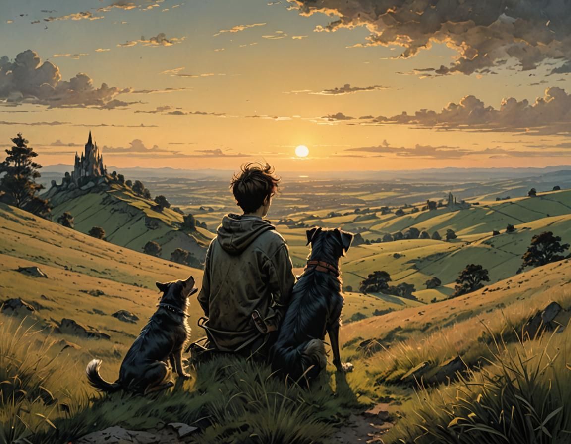 Sunset Watch: Boy and Dog in Grassy Landscape