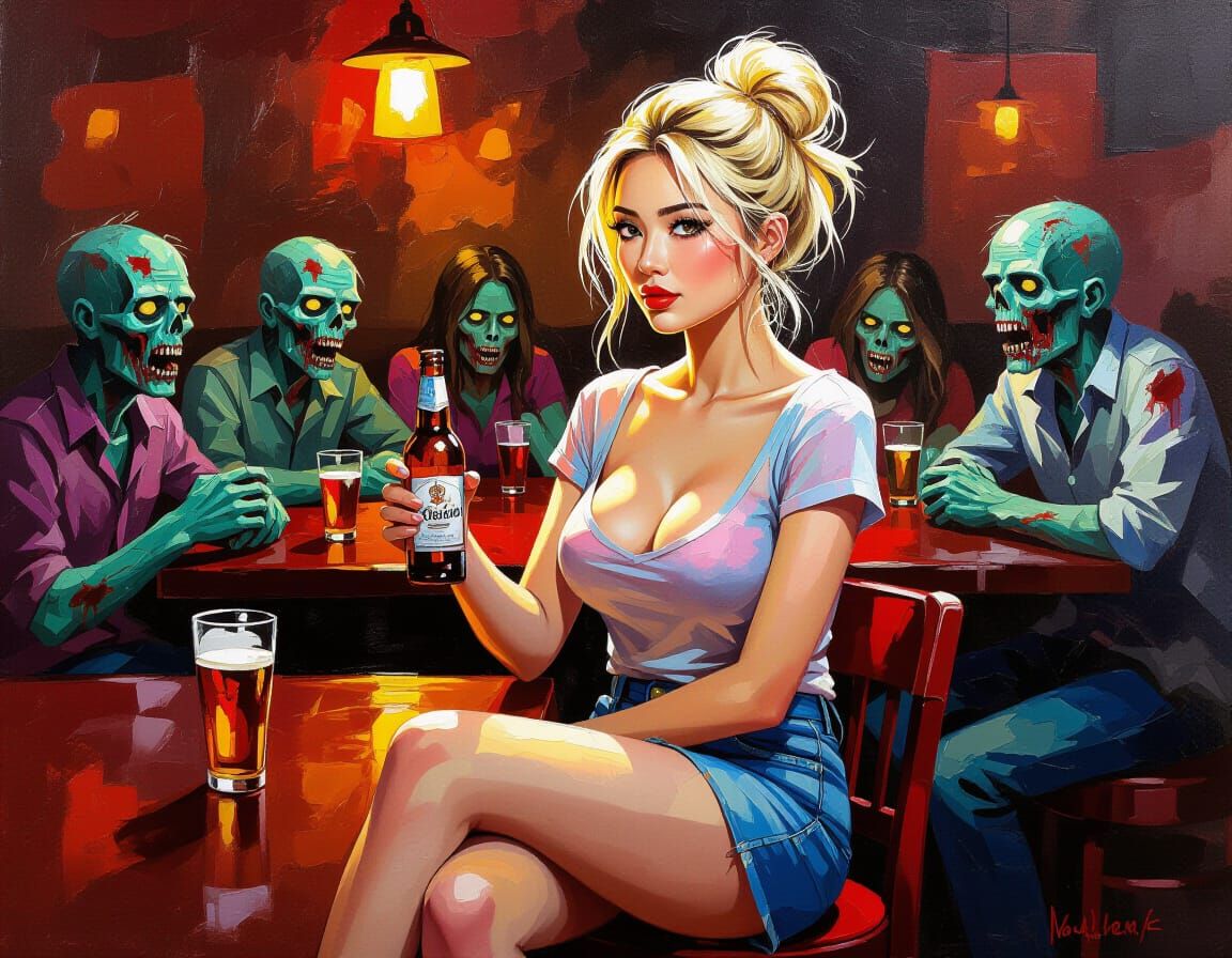 Beautiful Woman Amidst Zombies in Dynamic Impressionist Pain...