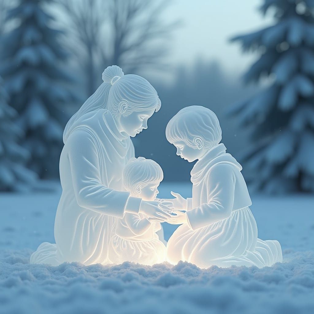 Ethereal Mother and Children Ice Sculpture in Contemporary D...