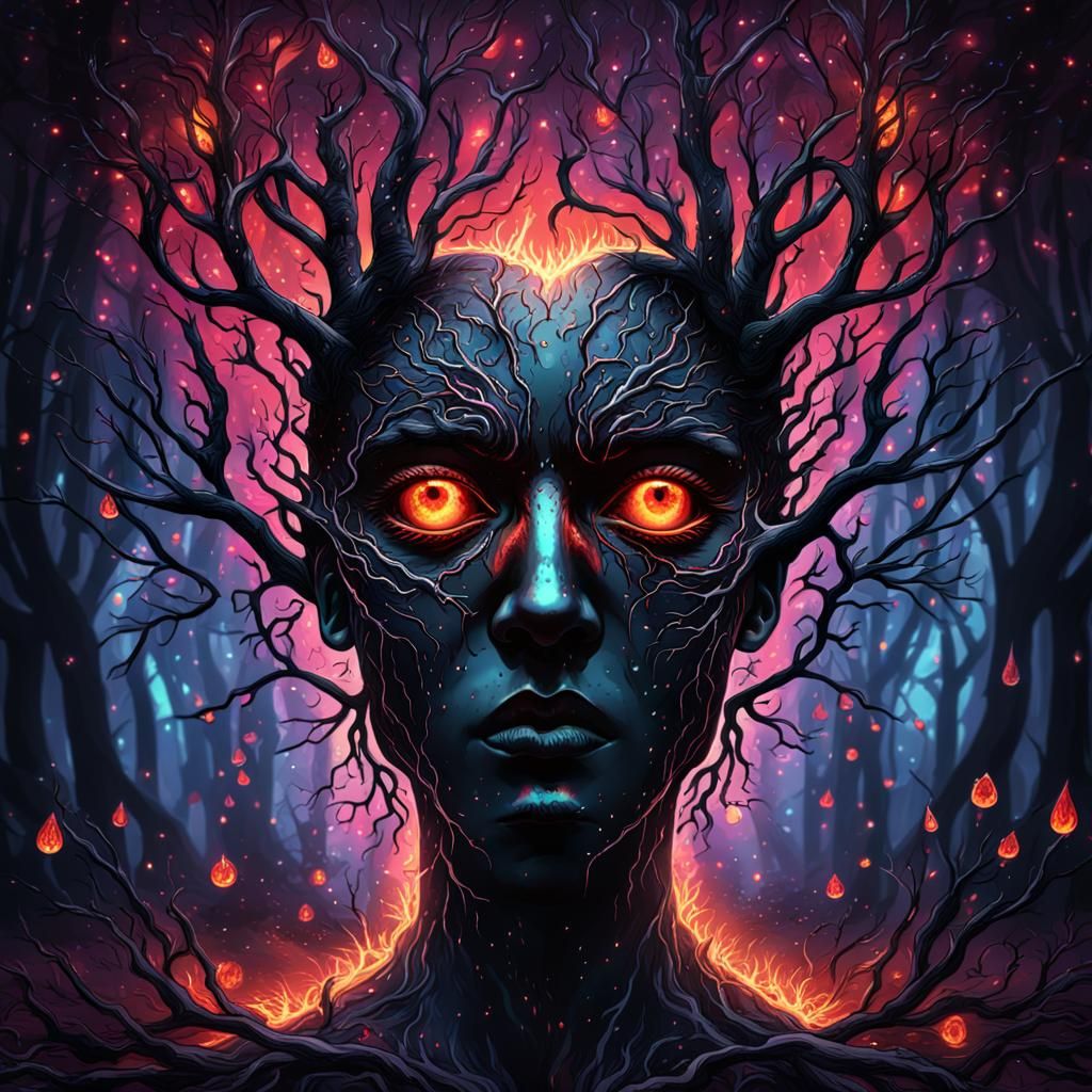 Eerie Black Branches with Fire Eyes and Mirror Reflection