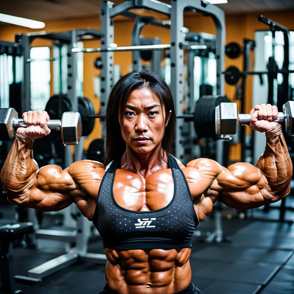 Japanese Female Bodybuilder Lifting Weights, Photorealistic
