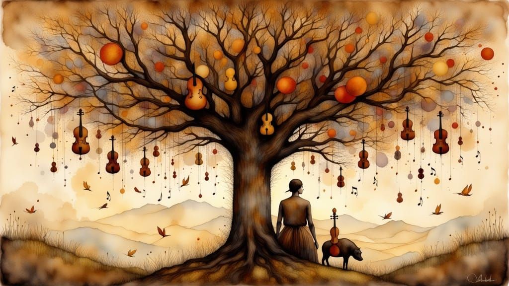 Surreal Tree Blooms with Musical Instruments and Sheet Music