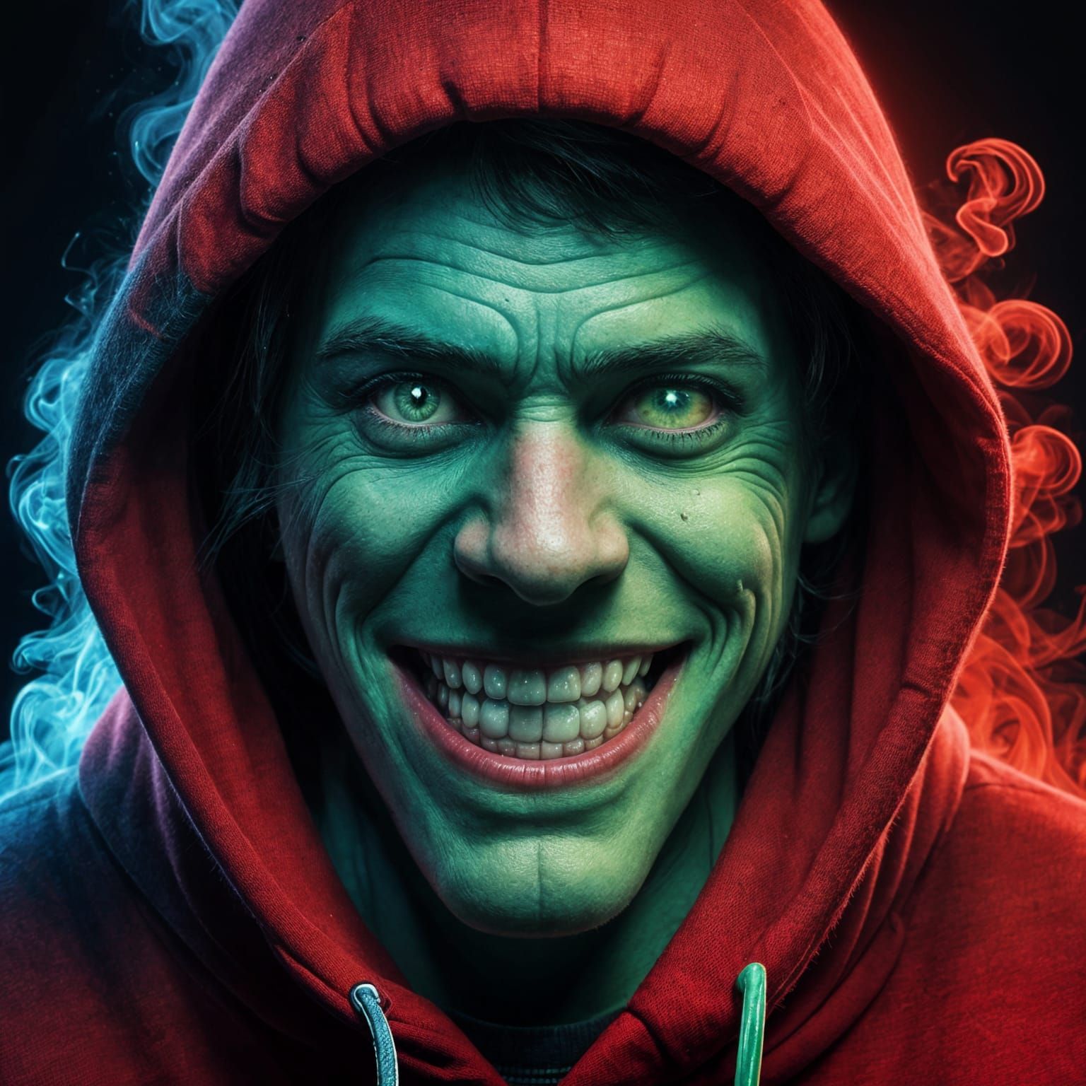 Creepy Face with Green Eyes and Red Smoke