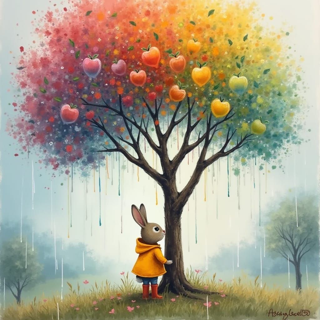Whimsical Rabbit in Orange Raincoat Under Rainbow Apple Tree