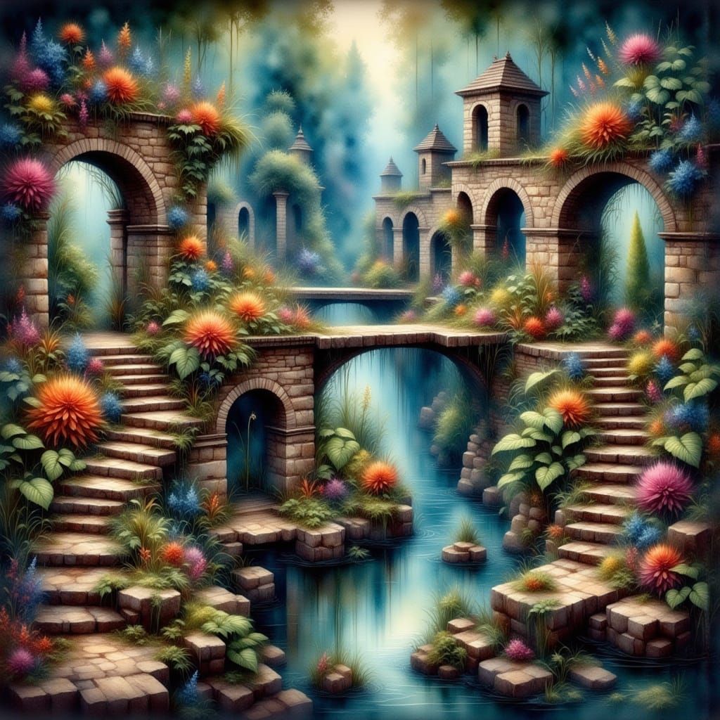 Abandoned Train Station on Floating Islands, Surreal Art