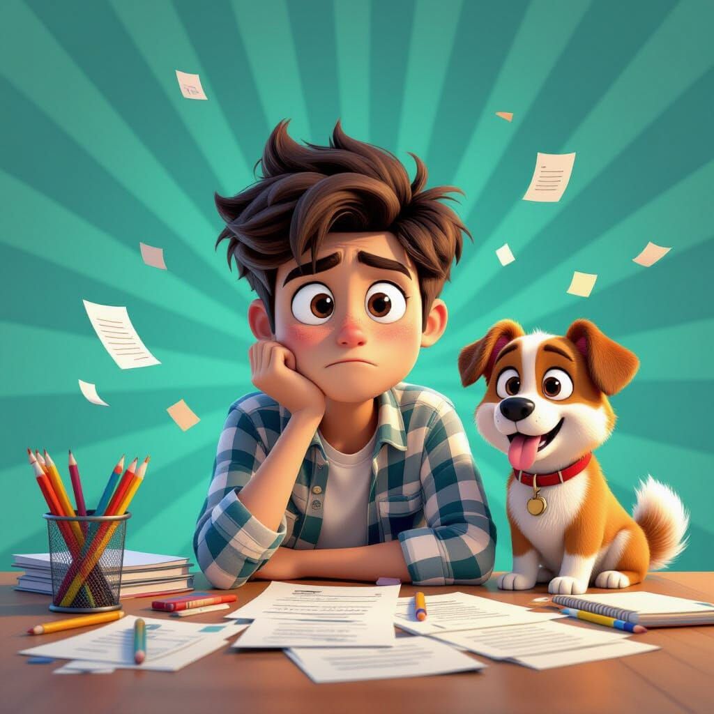 Guilty Dog and Frustrated Student in 3D Digital Art