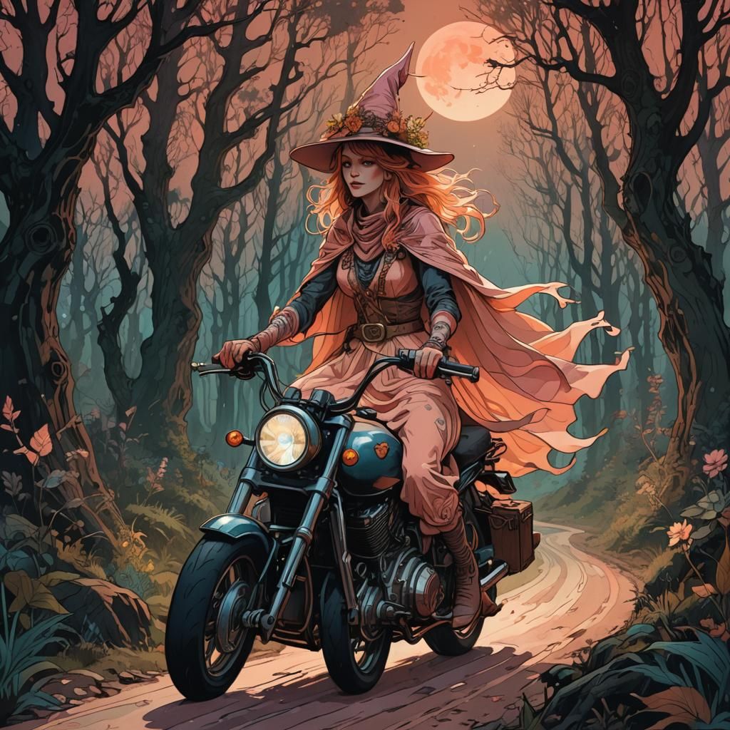 Witch riding a motorbike