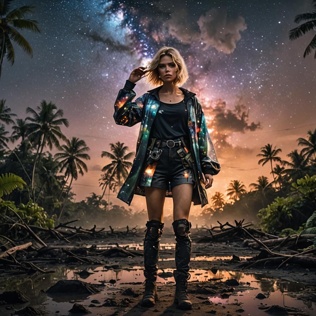 Blonde Gunslinger Girl in Galaxy Rainforest Sunset