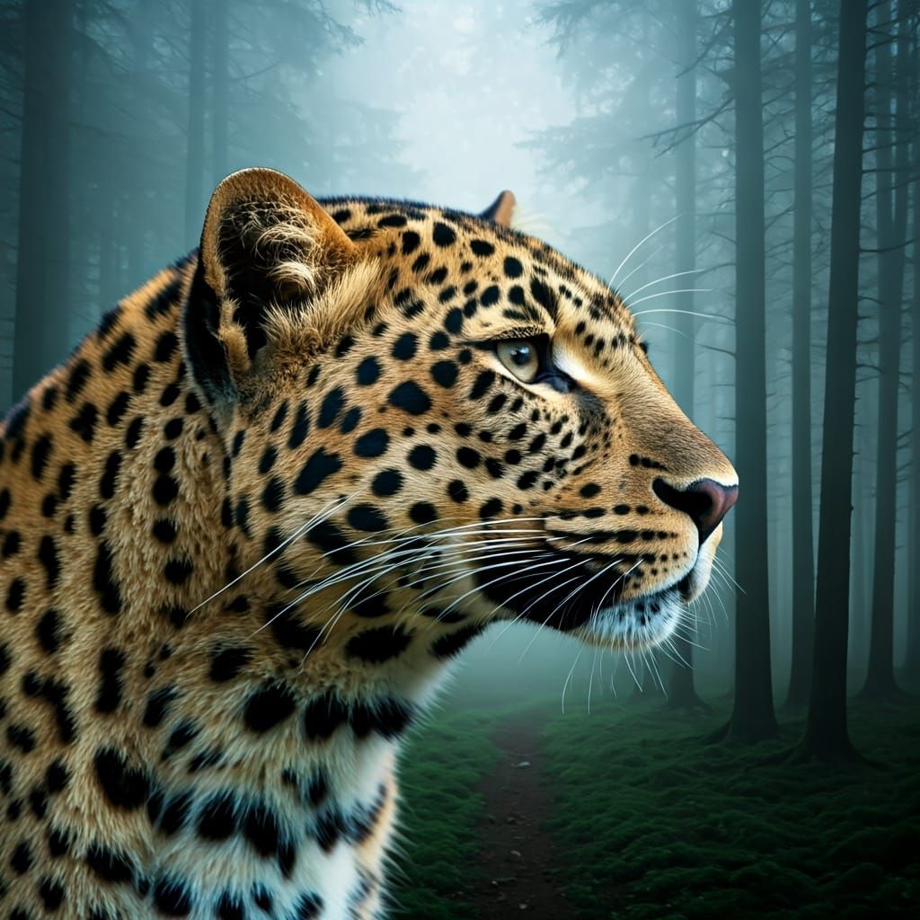 Leopard Double Exposure in Misty Forest