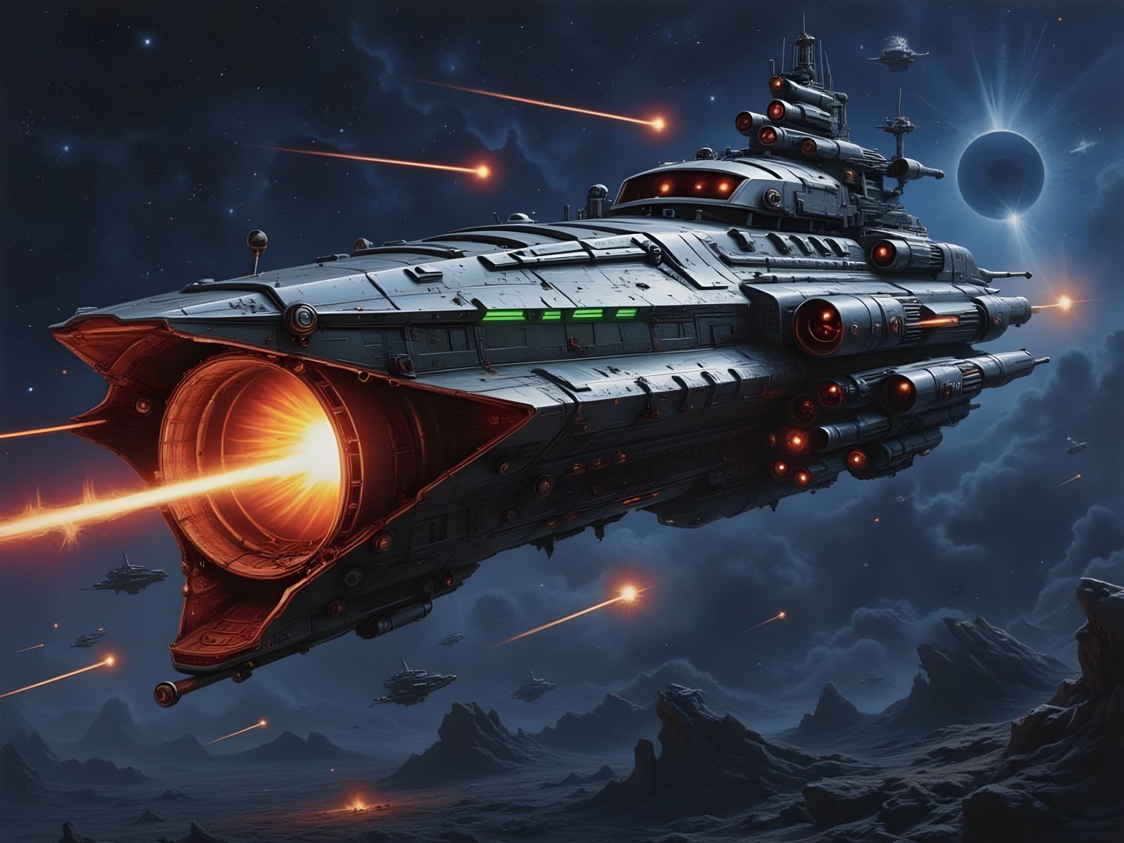 Grimdark Winged Space Pirate Ship at Black Hole Event Horizo...
