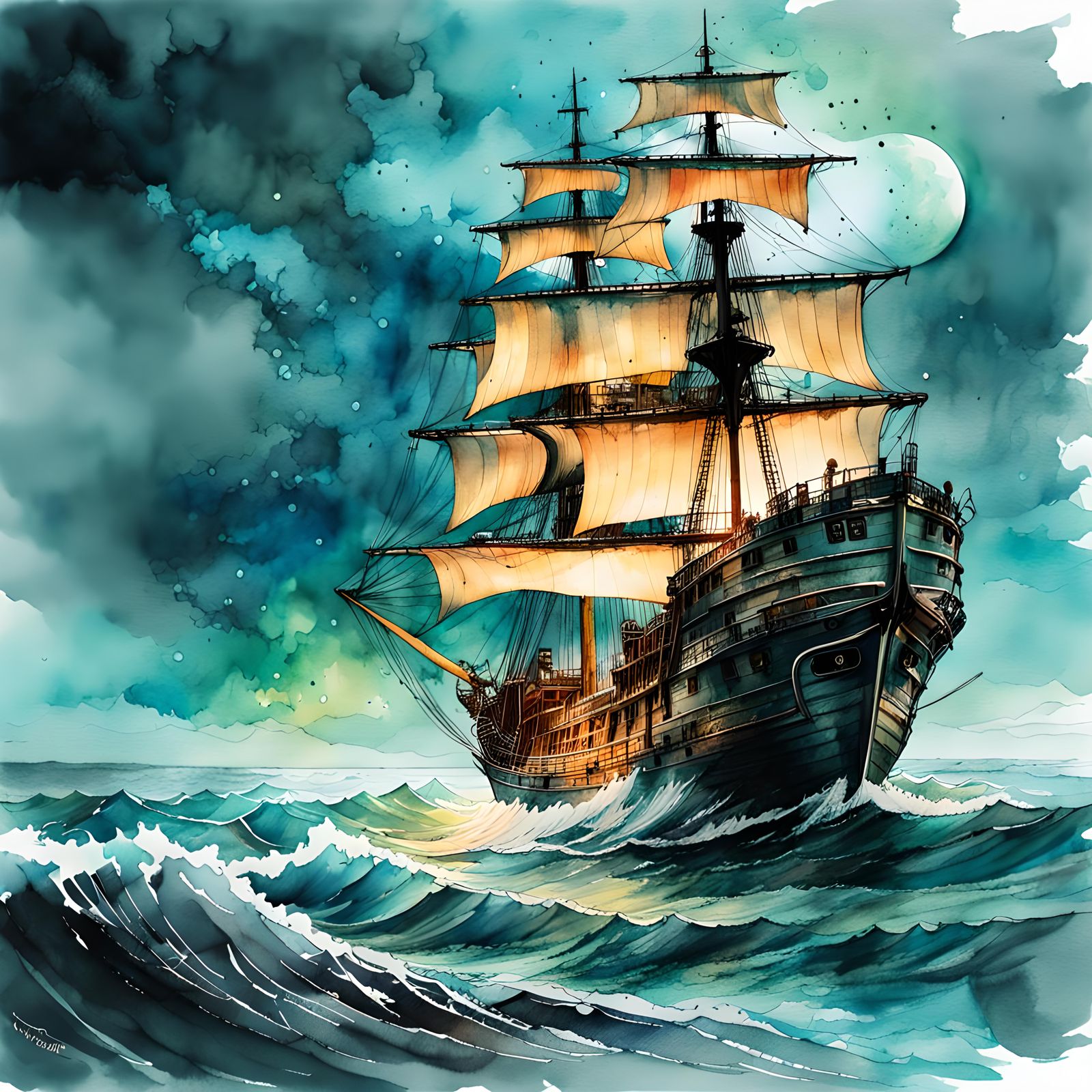 Ghostly Ship on Stormy Ocean in Watercolor Style