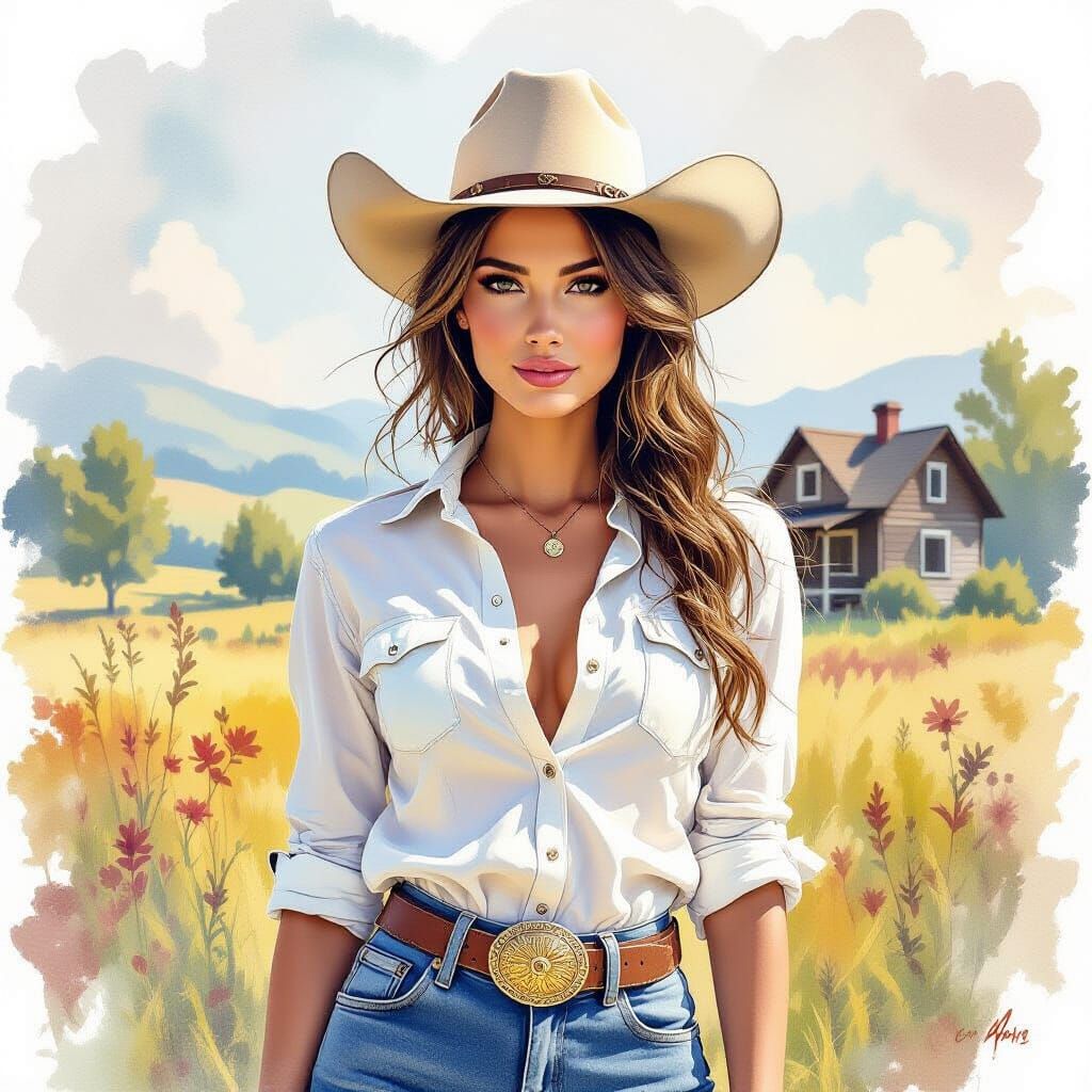 Cowgirl in Watercolor Style with Ethereal Landscape