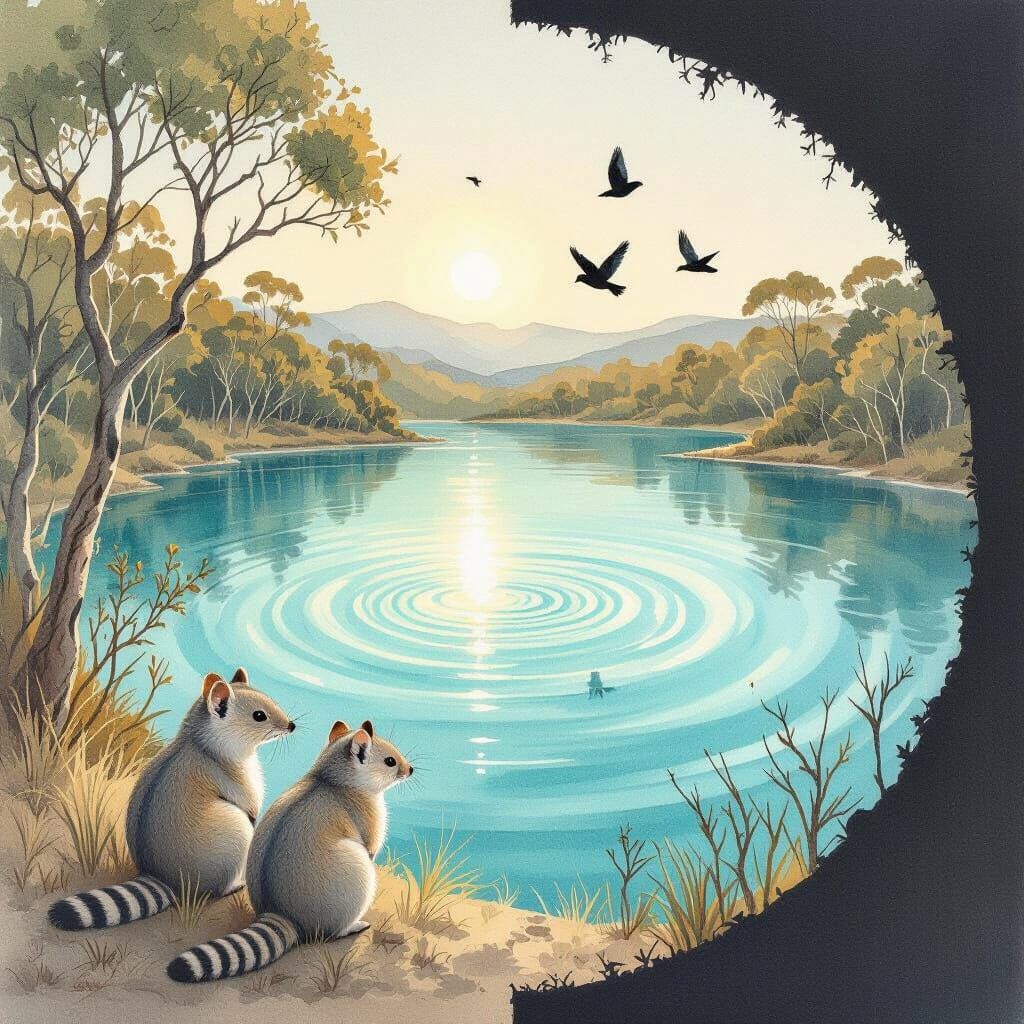 Serene Numbats and Aquamarine Lake in Watercolor Style
