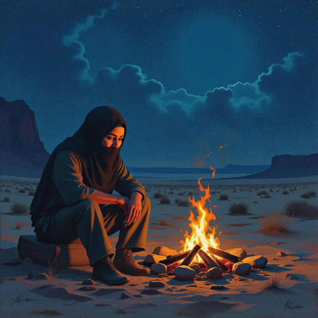 Man by Campfire Under Twin Moons in Painterly Desert