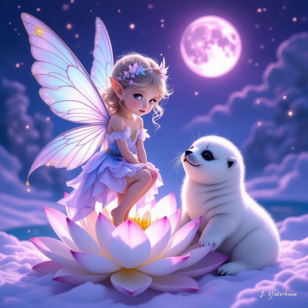 Enchanting Fairy Girl and Seal Under Moonlight