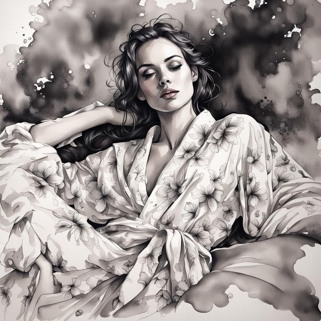 Dreamlike Woman Portrait in Wet Ink Style