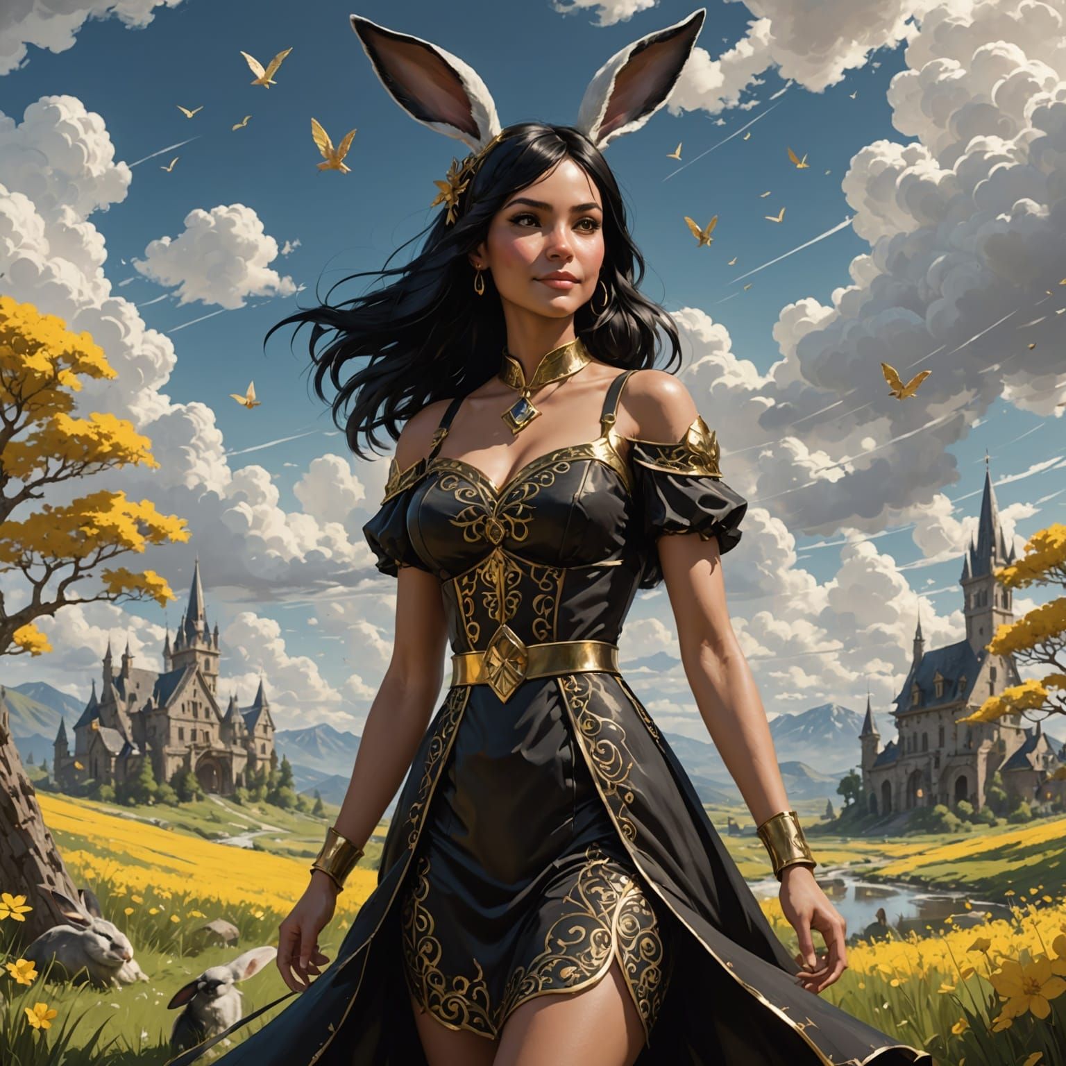 Ethereal Cloud Goddess in Black and White Line Art