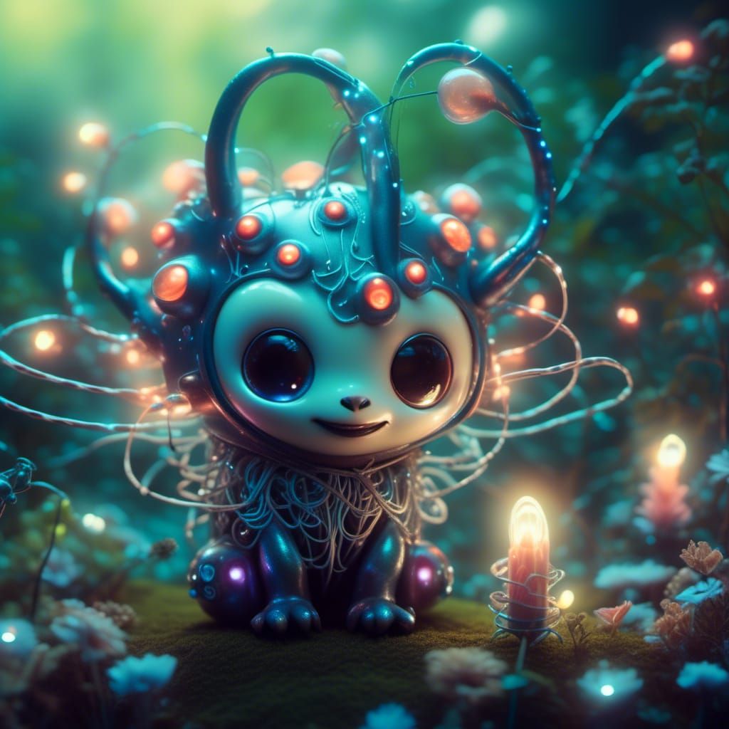 Adorable Bioluminescent Circuit Creature in Enchanted Garden