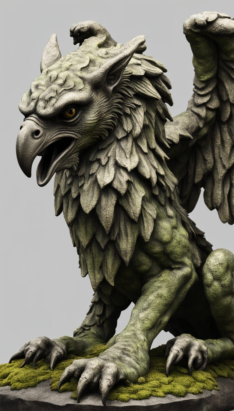 Moss-Covered Gargoyle Griffin Statue in Ruins