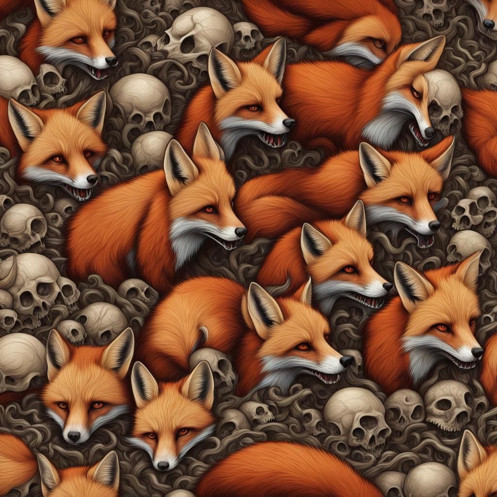 Crying Red Fox Over Heart in Skull Field