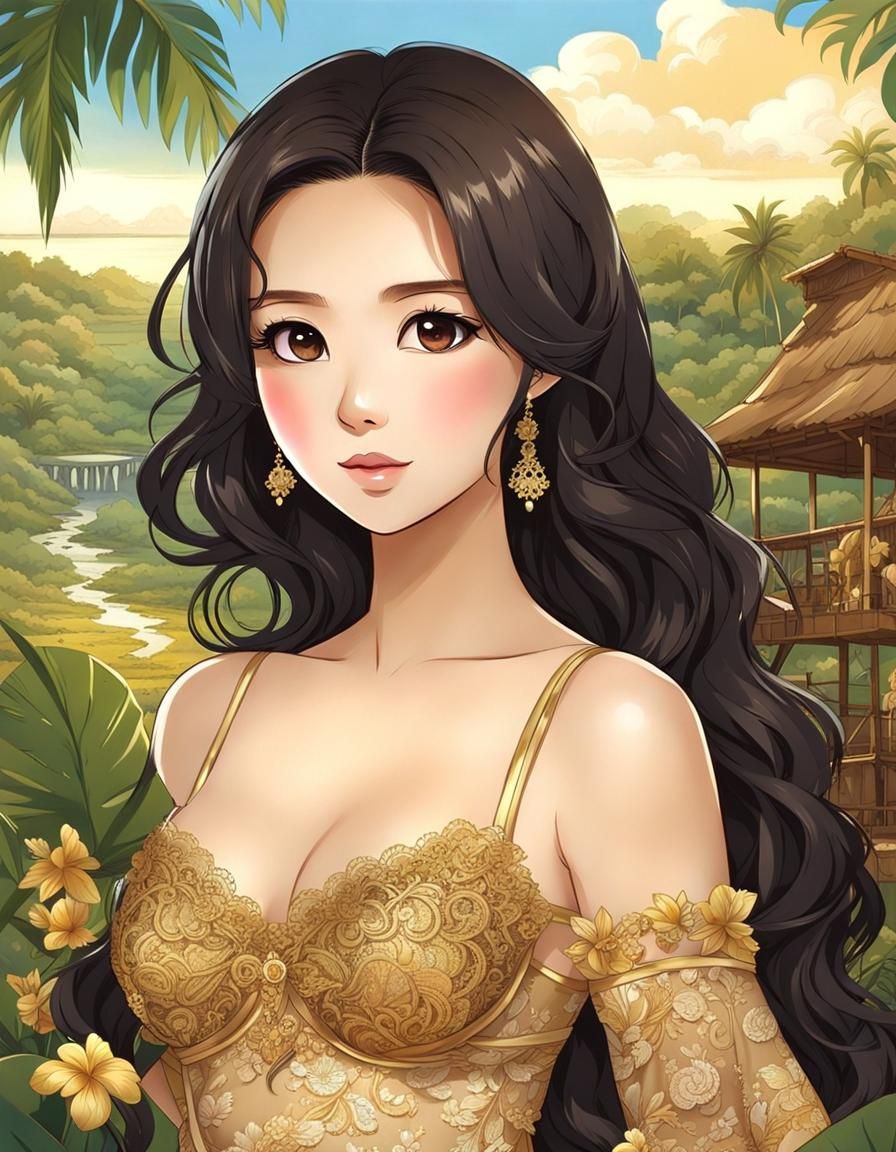 Chibi Indonesian Woman in Tropical Landscape