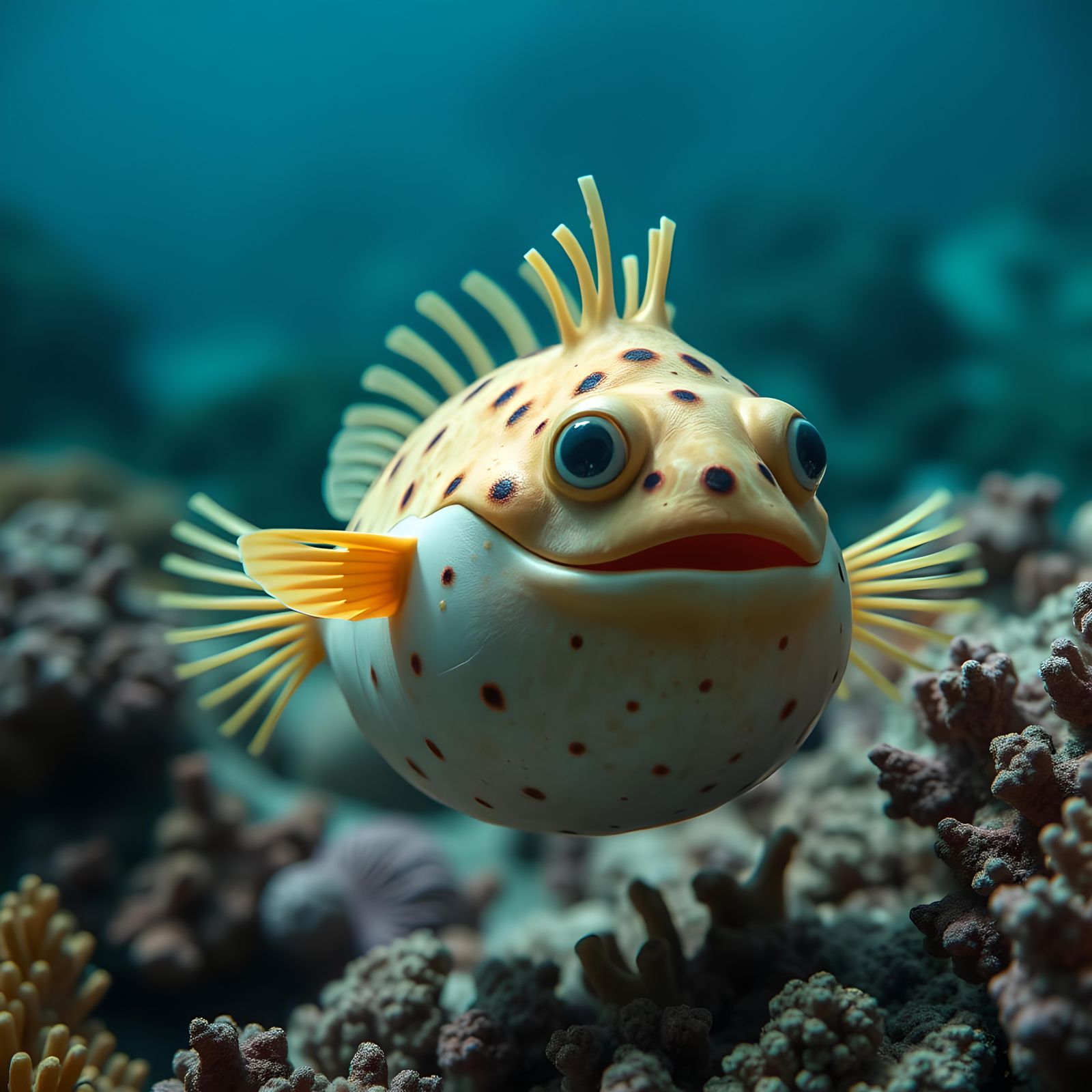 Adorable Deflated Pufferfish on Coral Reef