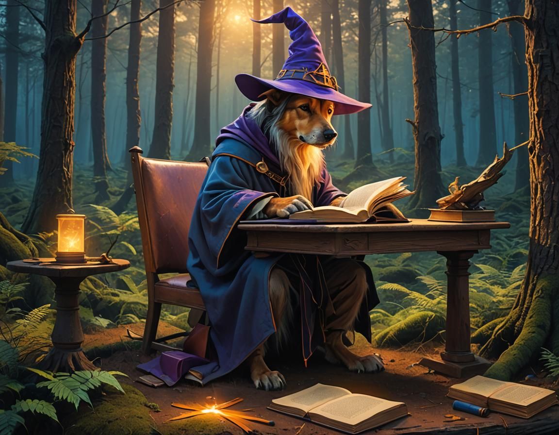 Wizard Dog Studying Runes in Fantasy Forest