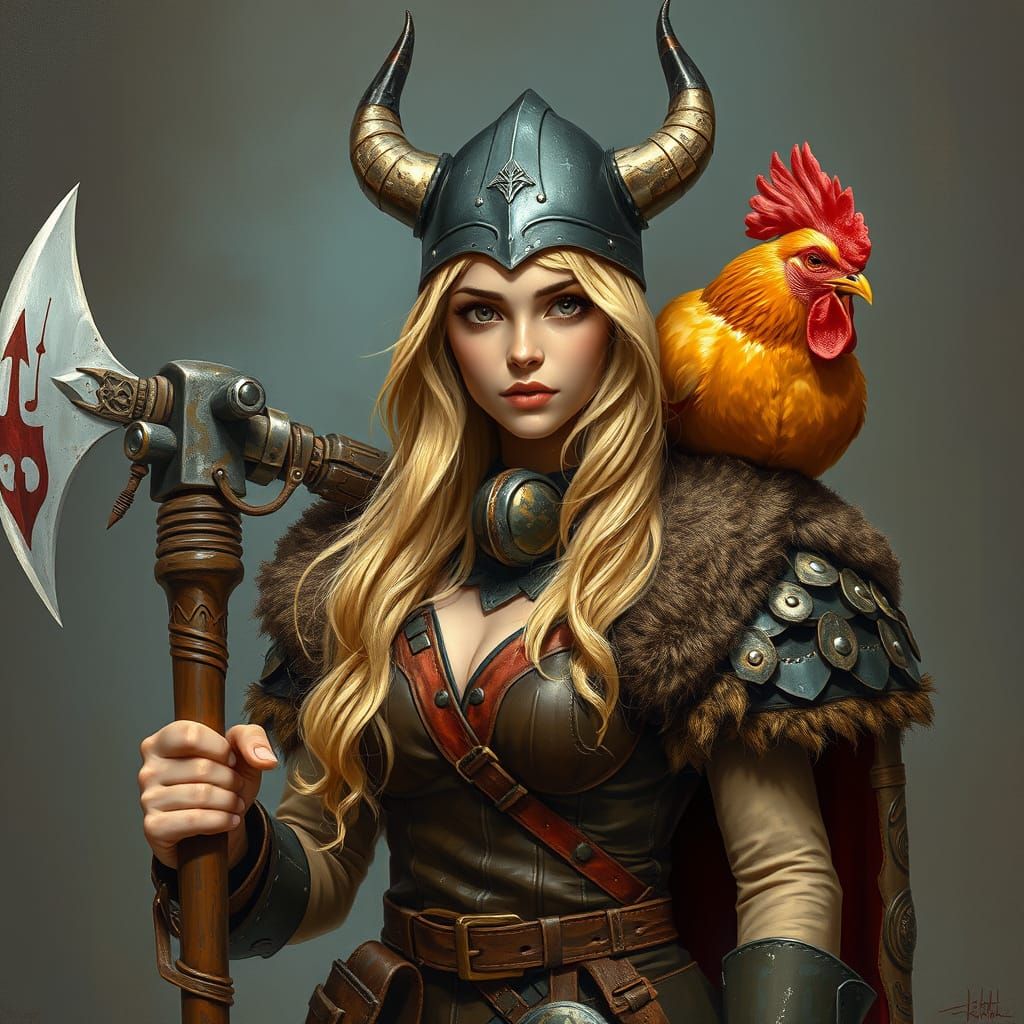 Viking Warrior with Chicken in Frazetta Style