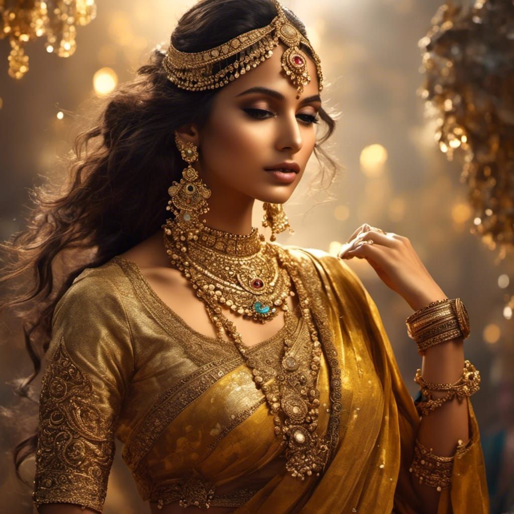Beautiful Indian Woman in Gold Saree, Fantasy Style
