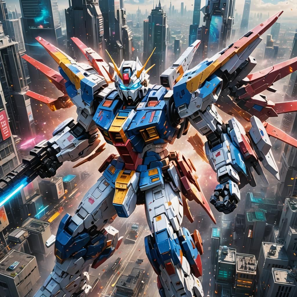 Gundam Soaring Over Futuristic City: Hyperrealistic Splash A...
