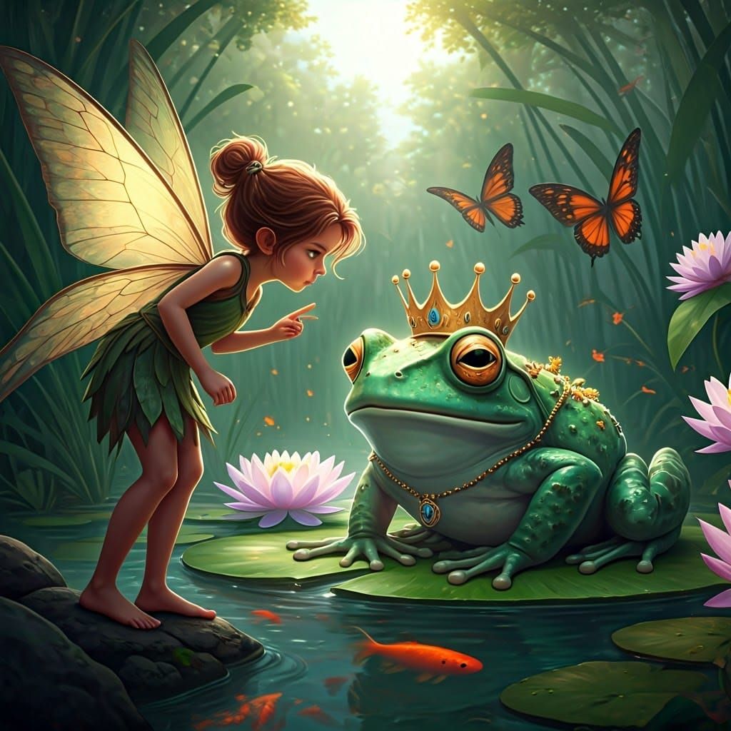 Fairy Accuses Frog King Amidst Giant Butterflies