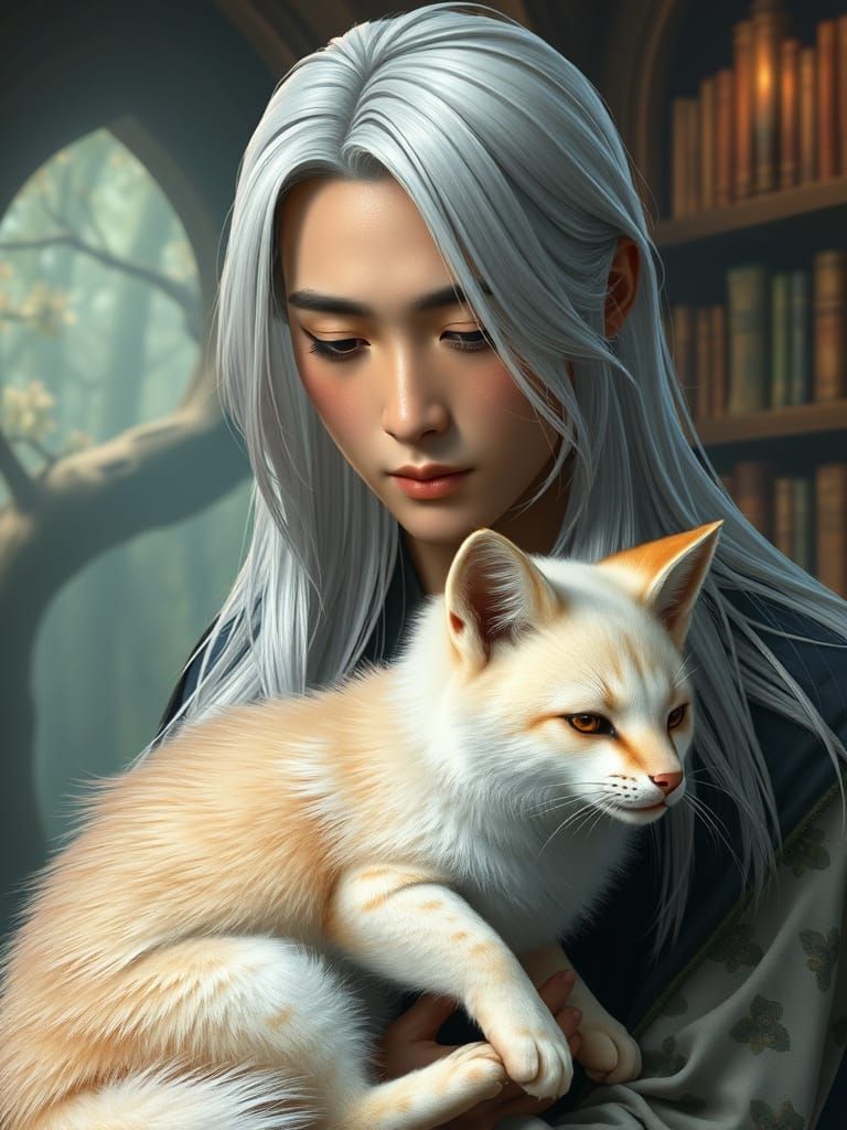 Man with Fox-Cat in Woodland Library, Digital Art